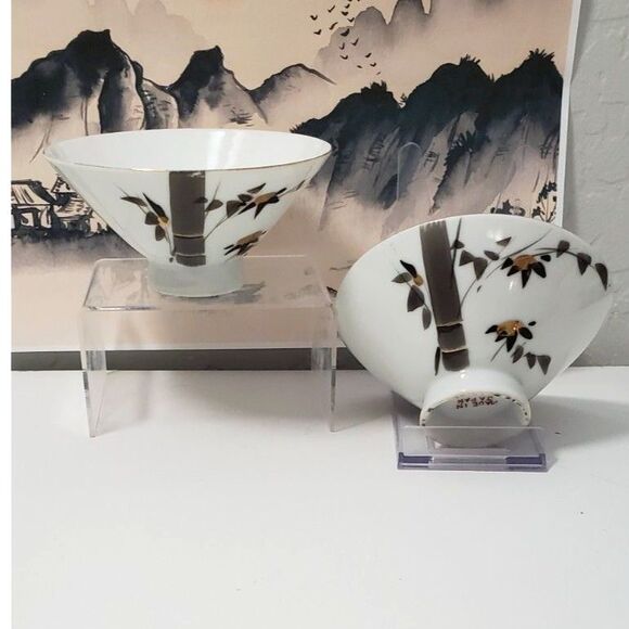 Asian Rice Bowls (4) Bamboo Decorations with 2 Rice Spoons ~Vintage~ - Picture 2 of 5